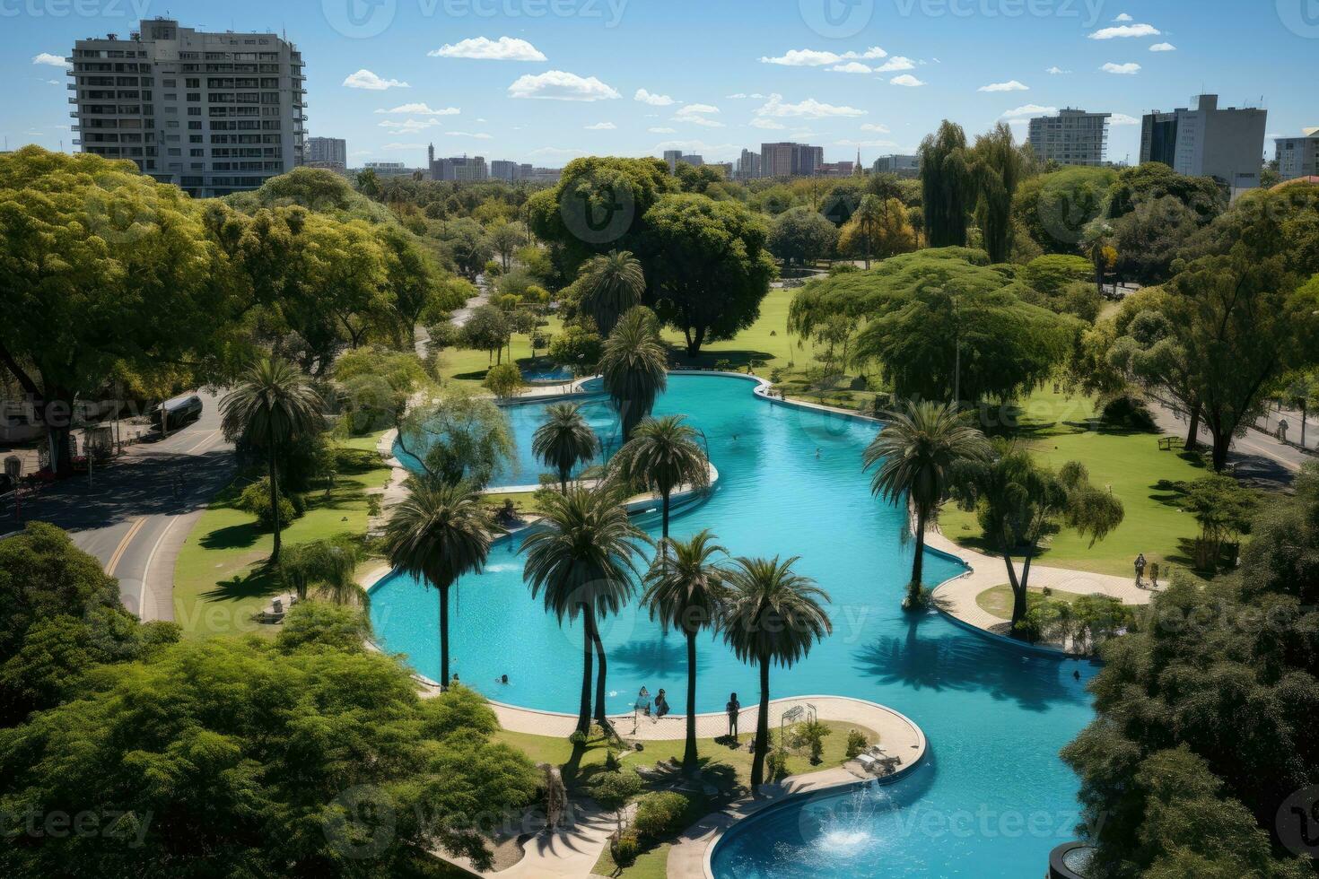 a park in a bustling city with wide open space flower fields AI Generated photo