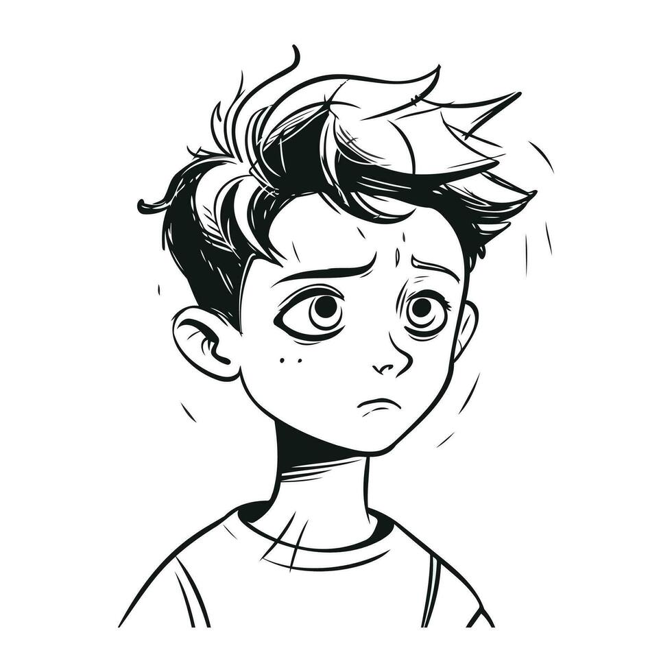 Portrait of a sad boy. Black and white vector illustration.