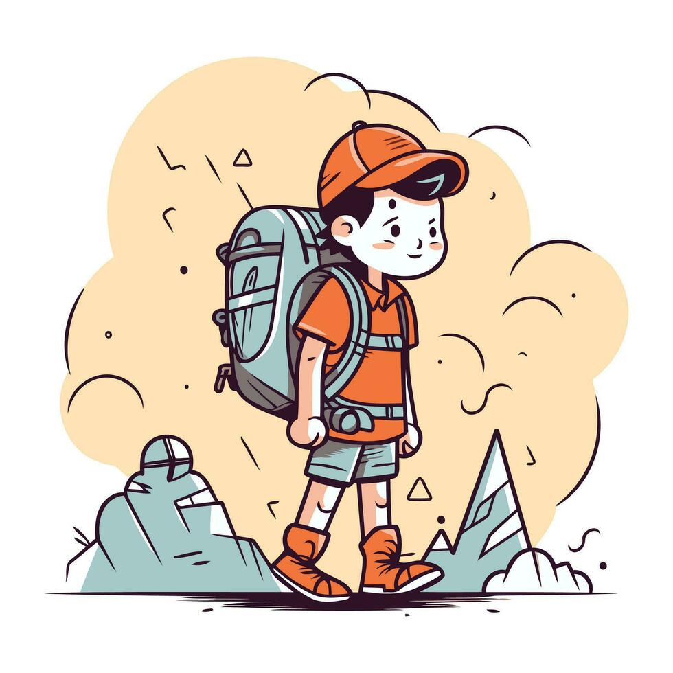Hiking boy with backpack. Vector illustration in a flat style.