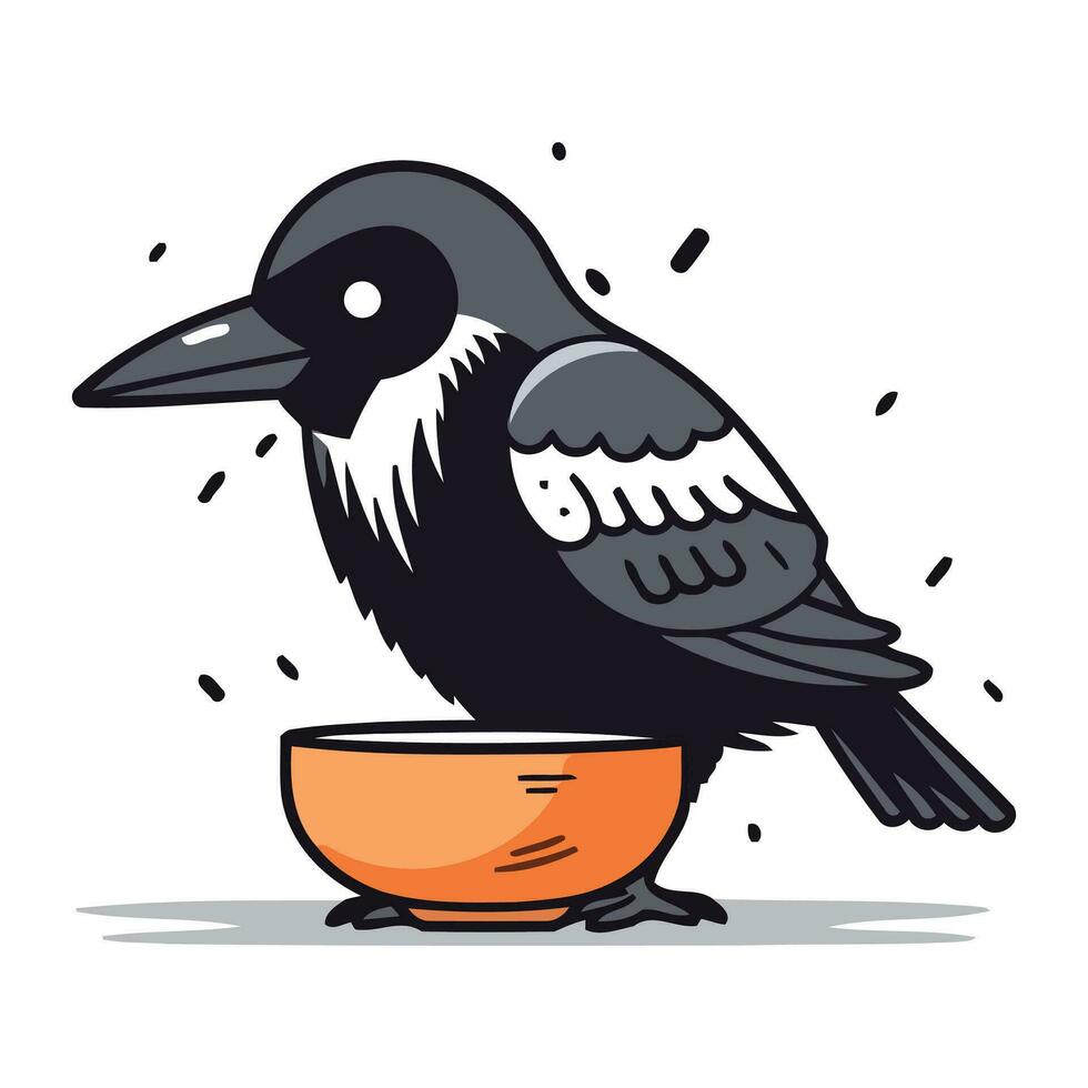 cuervo comiendo desde bol. vector ilustración de un dibujos animados personaje.
