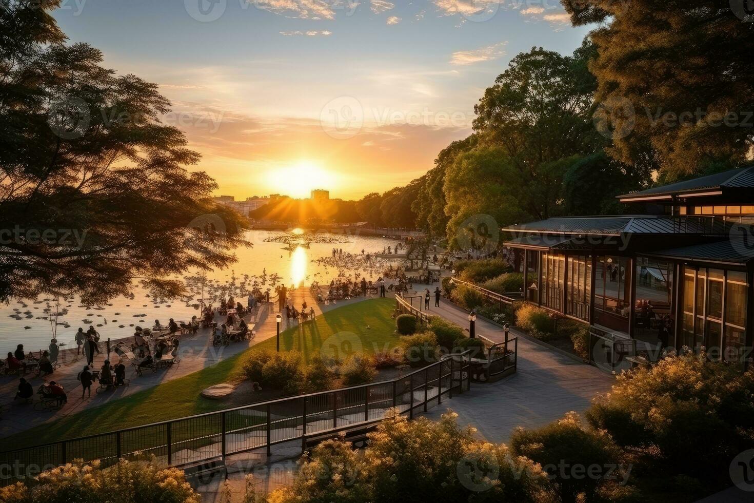 a park in a bustling city with wide open space flower fields AI Generated photo