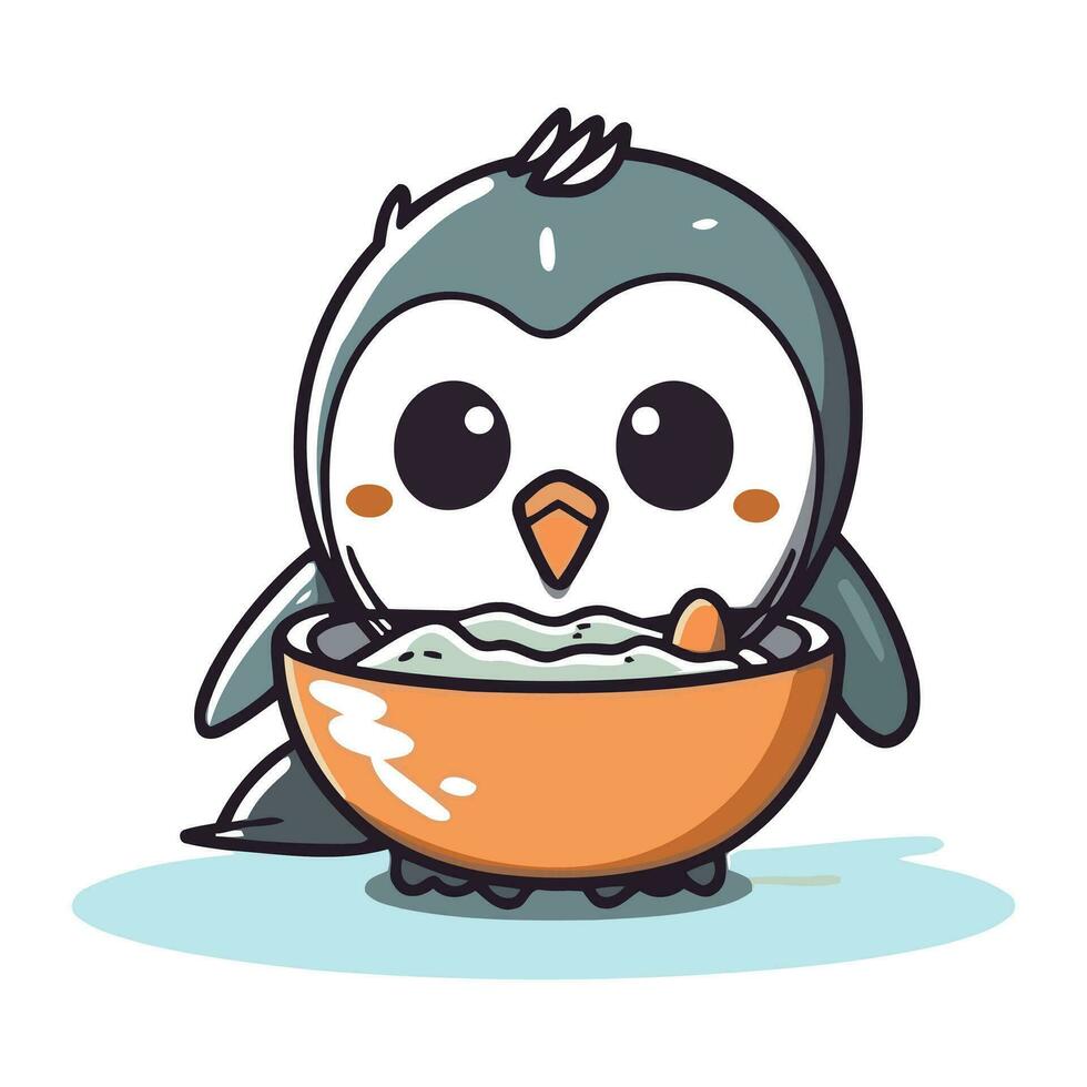 Cute penguin eating from a bowl. Vector cartoon illustration.