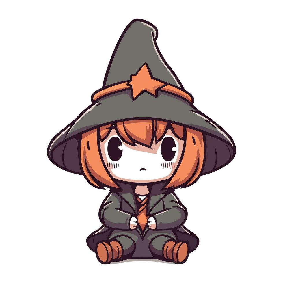 Cute little witch girl sitting on the floor. Vector illustration.