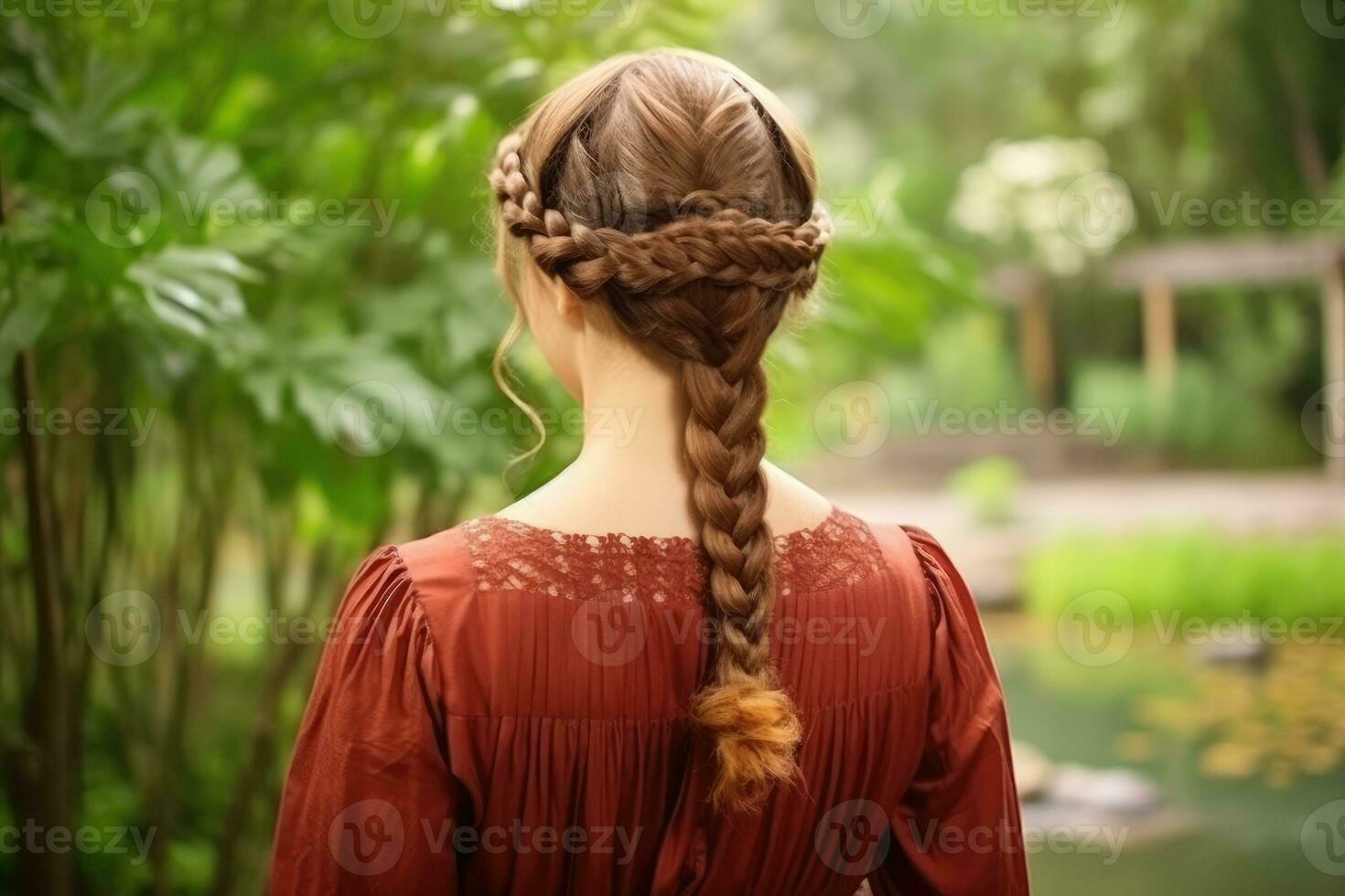 mujer trenza pelo hacer Mira desde espalda profesional publicidad fotografía ai generativo foto