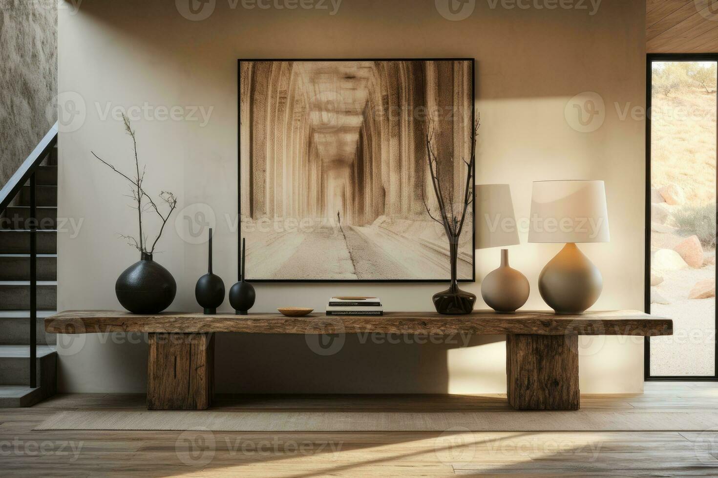 large artwork in center of entryway table AI Generated photo