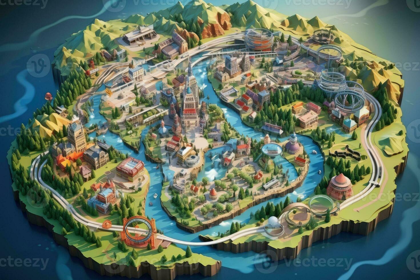 overview map of a theme park in isometric style AI Generated photo