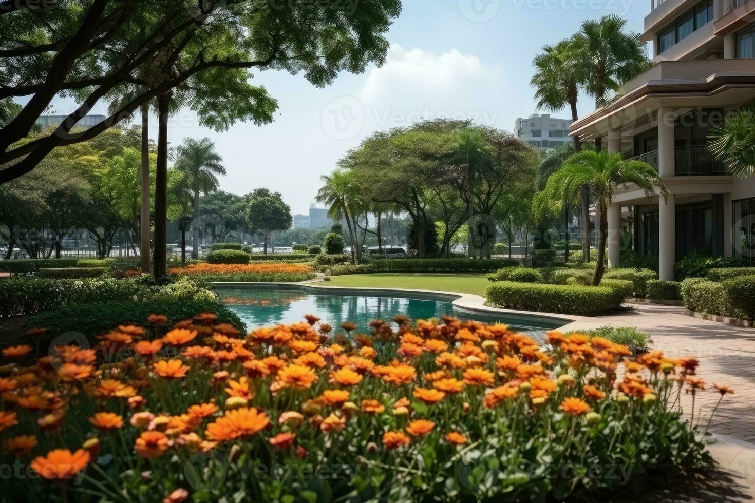 a park in a bustling city with wide open space flower fields AI Generated photo