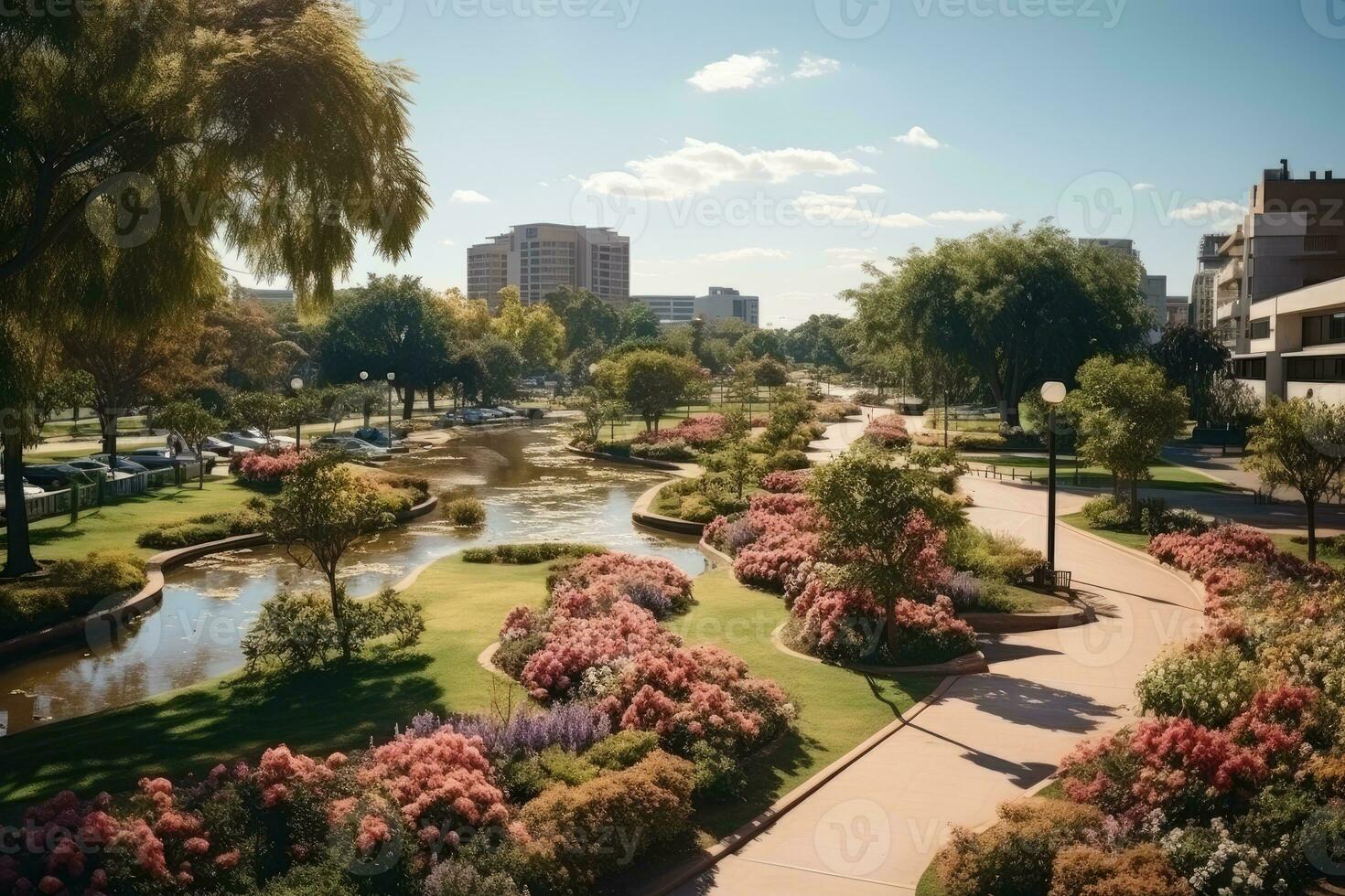 un parque en un bullicioso ciudad con amplio abierto espacio flor campos ai generado foto