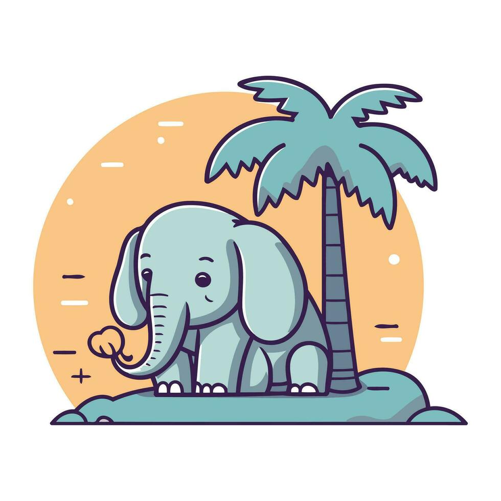 Elephant on the beach with palm trees. Vector illustration in flat style