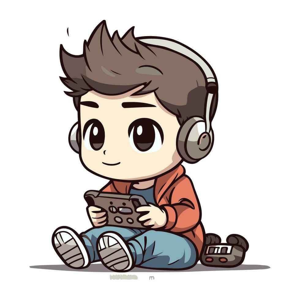 ilustración de un chico jugando con un tableta ordenador personal y auriculares vector