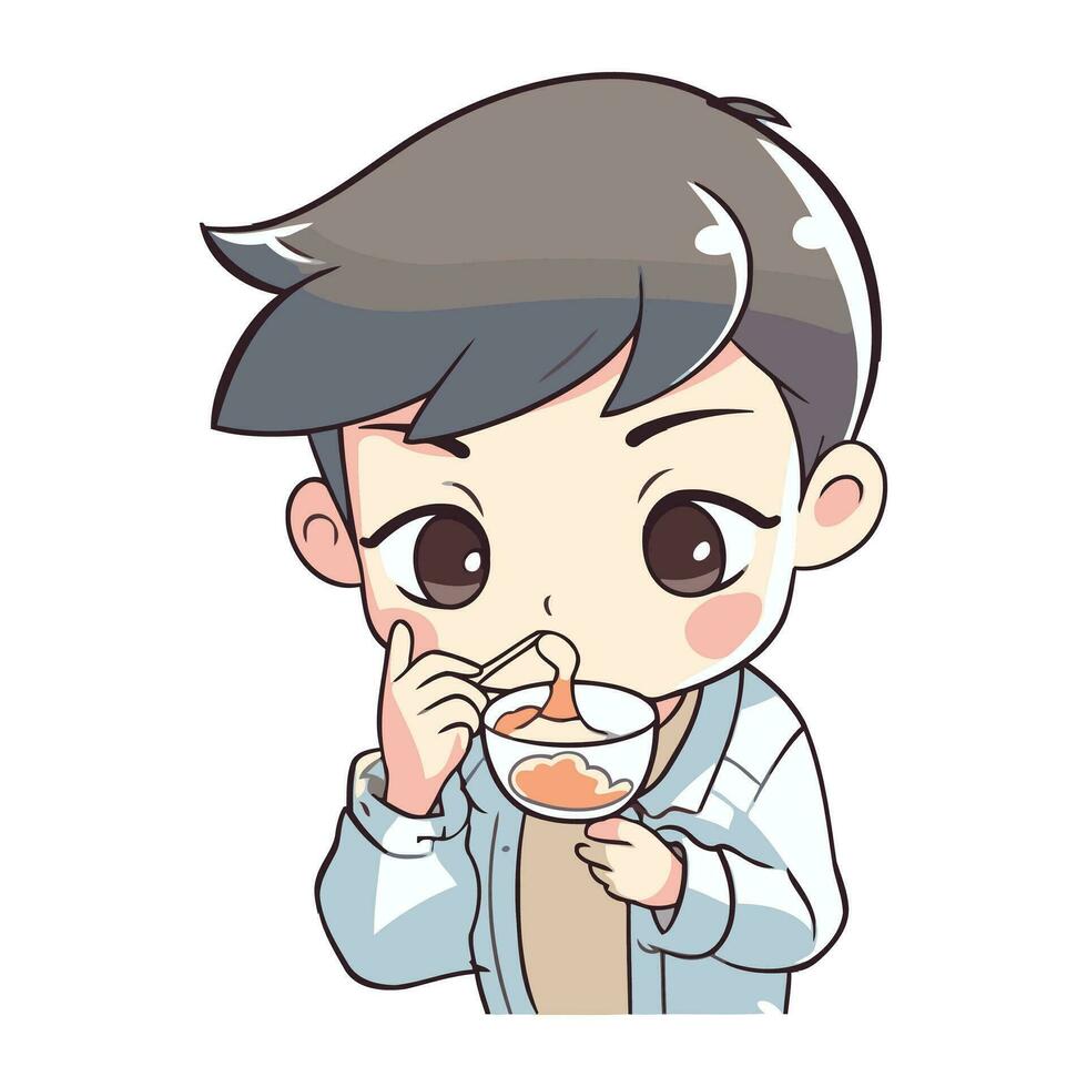 Illustration of a Boy Eating Sausage While Looking at the Camera vector