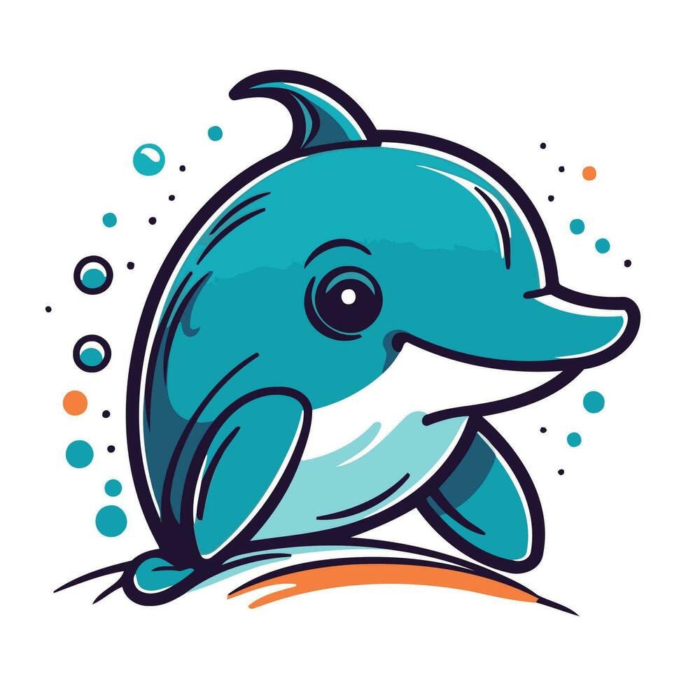 Cute cartoon dolphin. Vector illustration isolated on a white background.