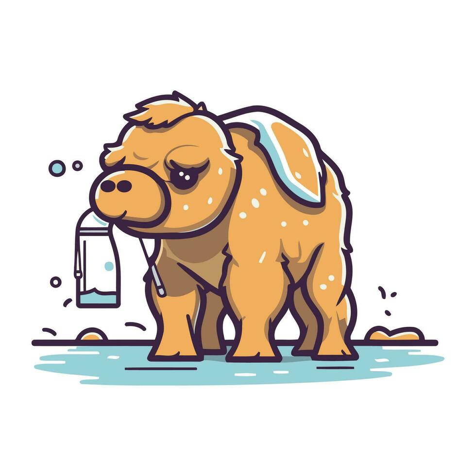 Illustration of a cute cartoon dog drinking milk from a bottle. vector