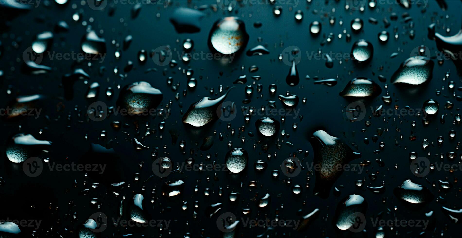Full frame of water drops sliding on a black wet surface - AI generated image photo