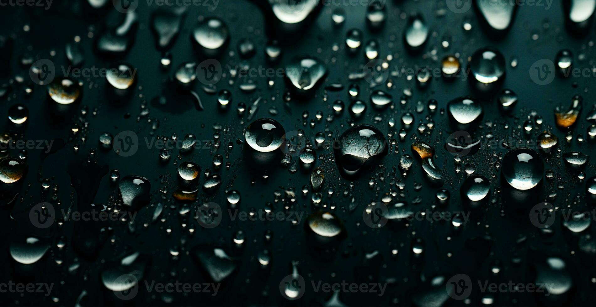 Full frame of water drops sliding on a black wet surface - AI generated image photo