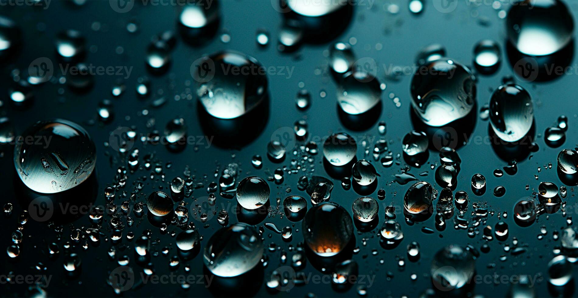 Full frame of water drops sliding on a black wet surface - AI generated image photo