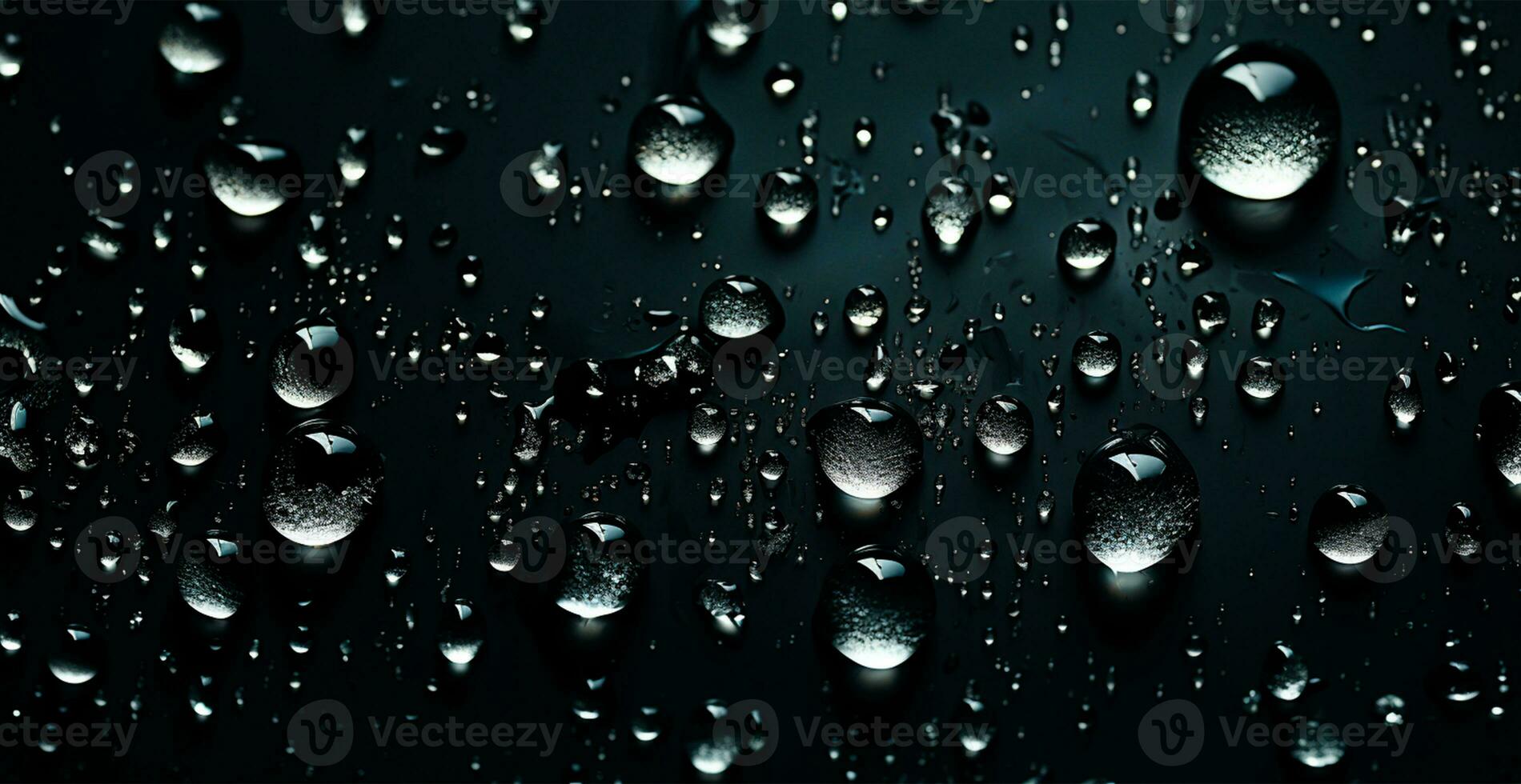 Full frame of water drops sliding on a black wet surface - AI generated image photo