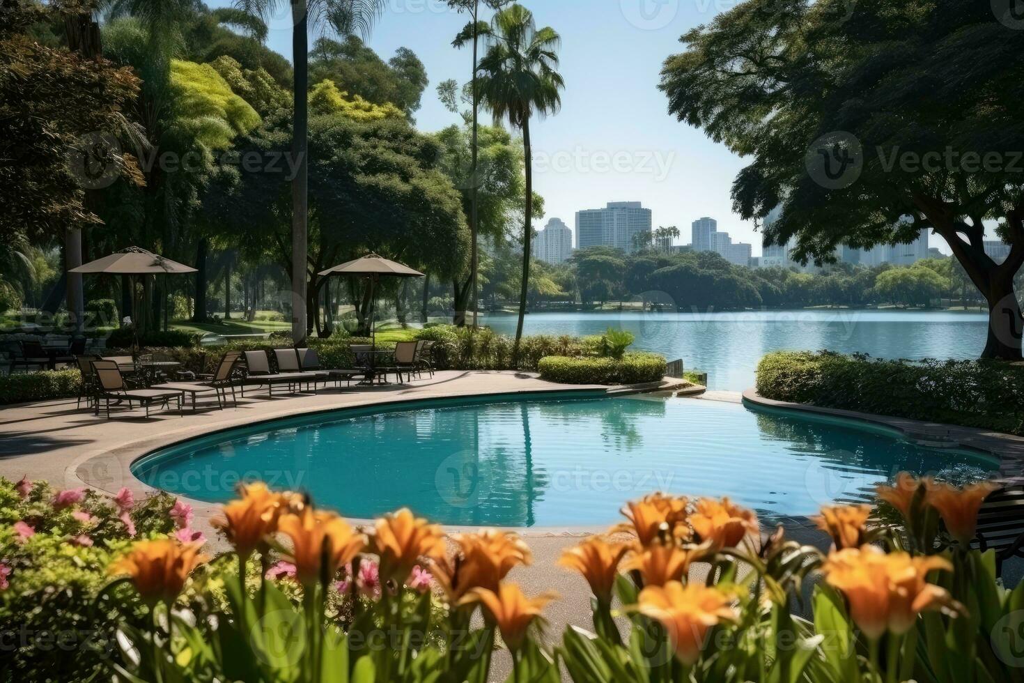 a park in a bustling city with wide open space flower fields AI Generated photo