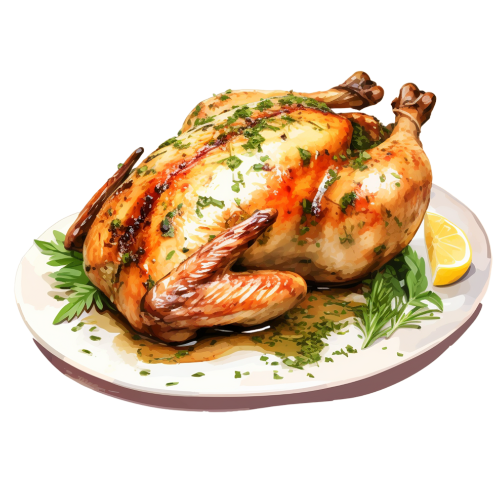 A plate of roasted chicken with herbs on it Ai Generative png