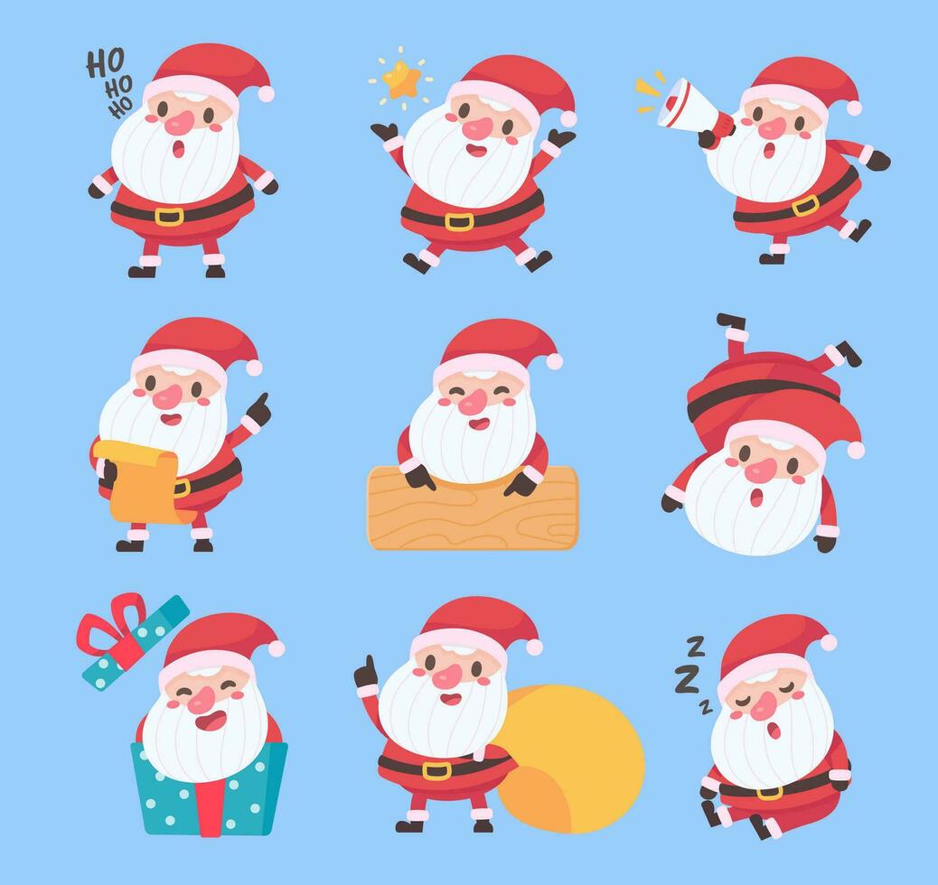 Papa Noel noel grasa hombre con un blanco barba. vestir un rojo disfraz en varios posa a dar regalos en Navidad día vector