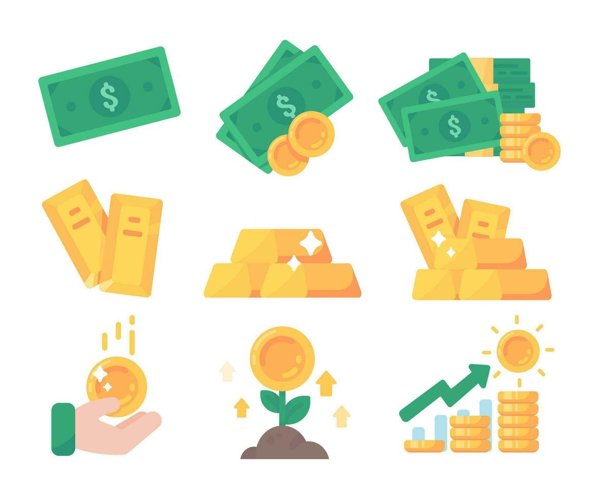 Collection of business investment ideas. cash and gold banknotes vector
