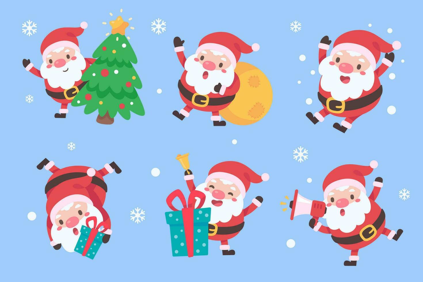 Papa Noel noel grasa hombre con un blanco barba. vestir un rojo disfraz en varios posa a dar regalos en Navidad día vector