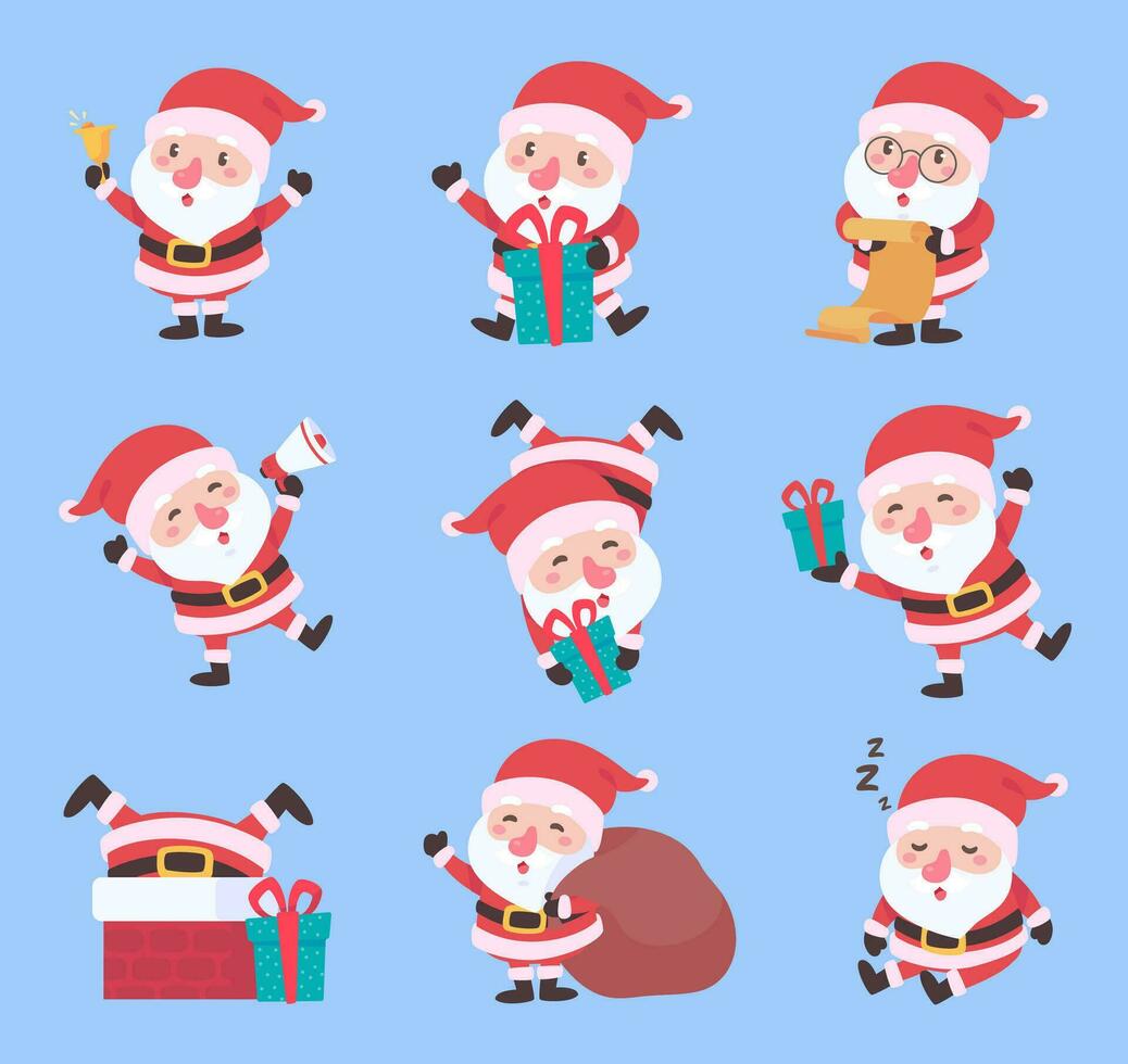 Papa Noel noel grasa hombre con un blanco barba. vestir un rojo disfraz en varios posa a dar regalos en Navidad día vector