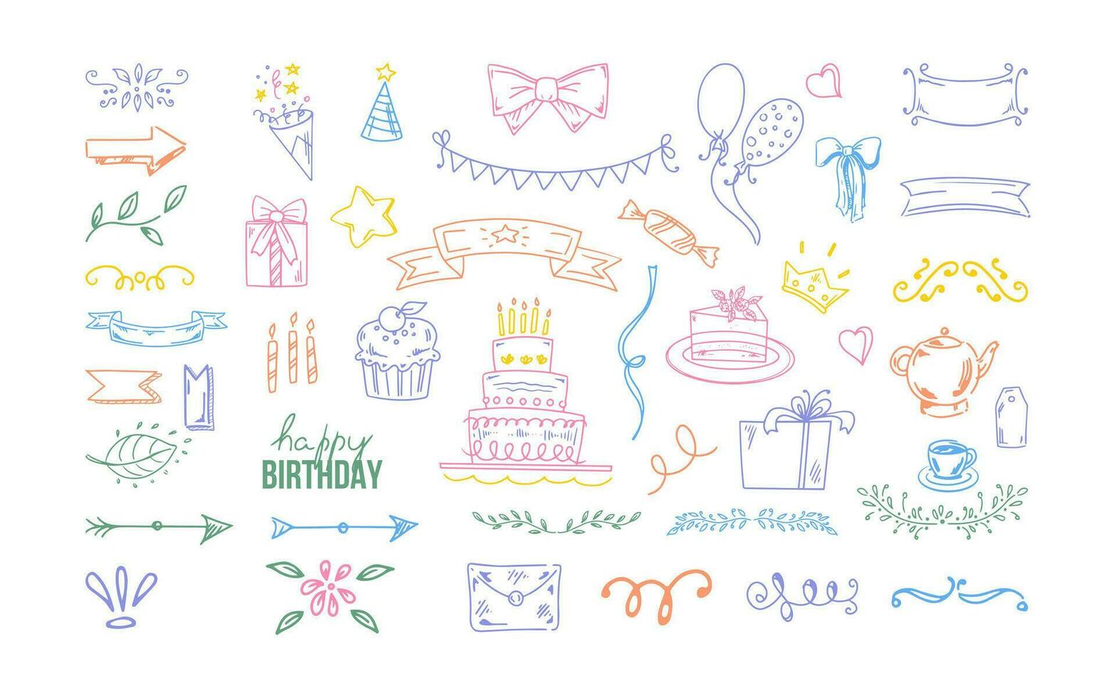 Birthday doodle set. Hand drawn vector Happy Birthday sketches on white background. Envelope, cake, balloon, ice cream, flags, hearts, labels, ribbons, bow, gift, star.