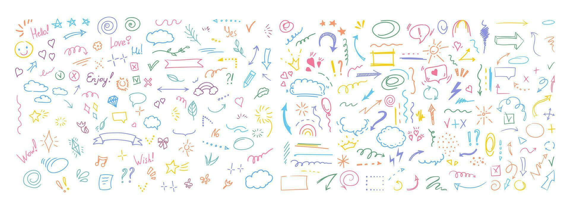Simple sketch line style elements. Doodle cute ink pen line elements isolated on white background. Doodle arrow, heart, star, decoration symbol, icon set. Vector illustration.