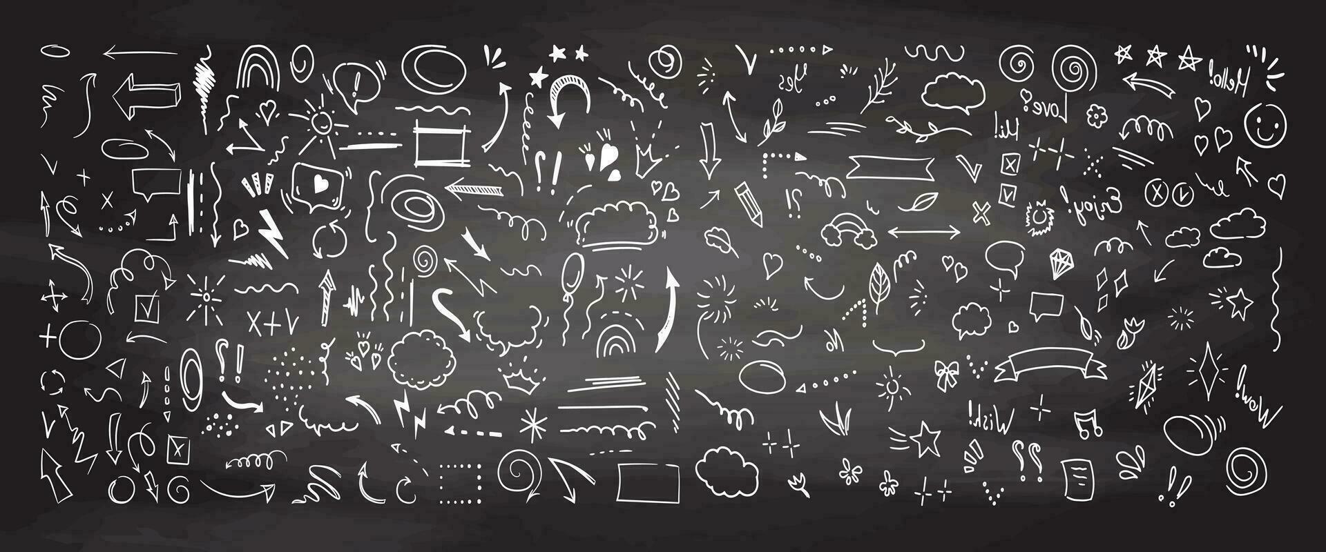 Simple sketch line style elements. Doodle cute ink pen line elements isolated on chalkboard background. Doodle arrow, heart, star, decoration symbol, icon set. Vector illustration.