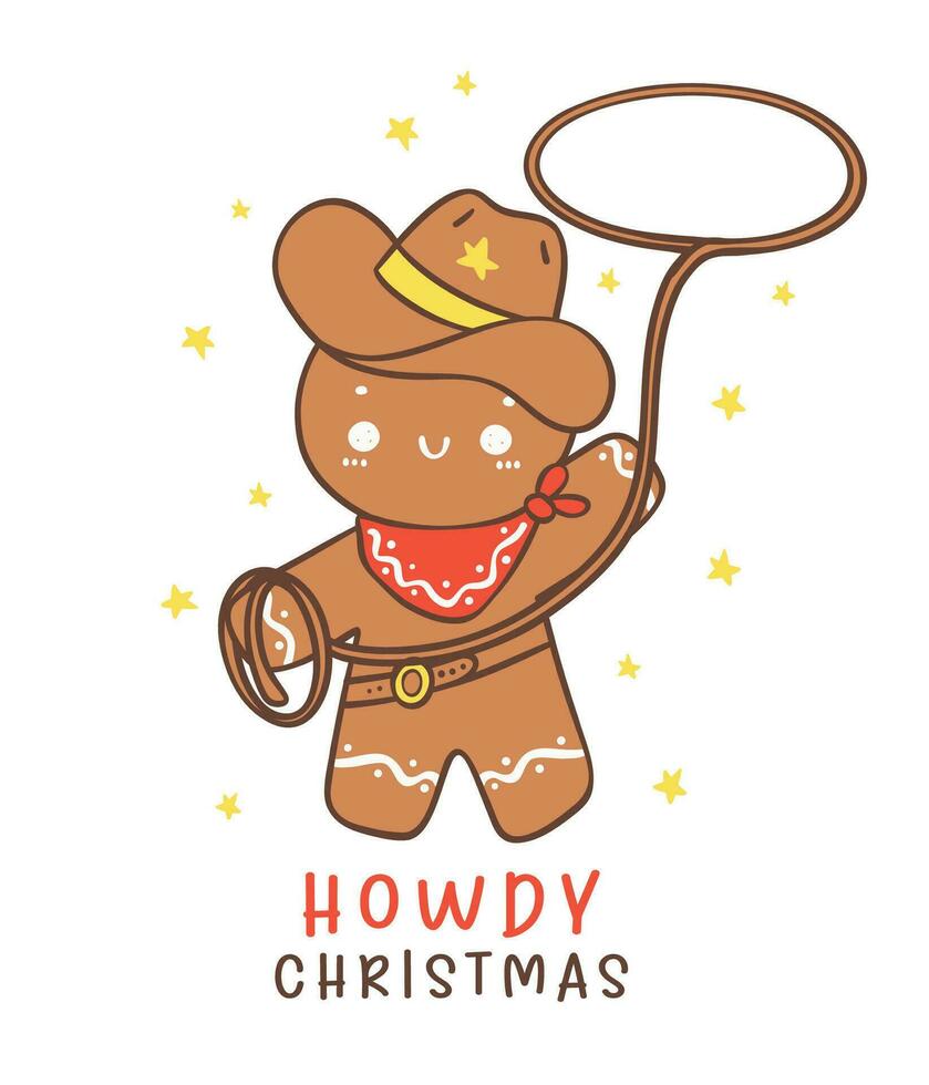 Cute Cowboy Christmas Gingerbread Man Cookie Cartoon Character hand drawing vector
