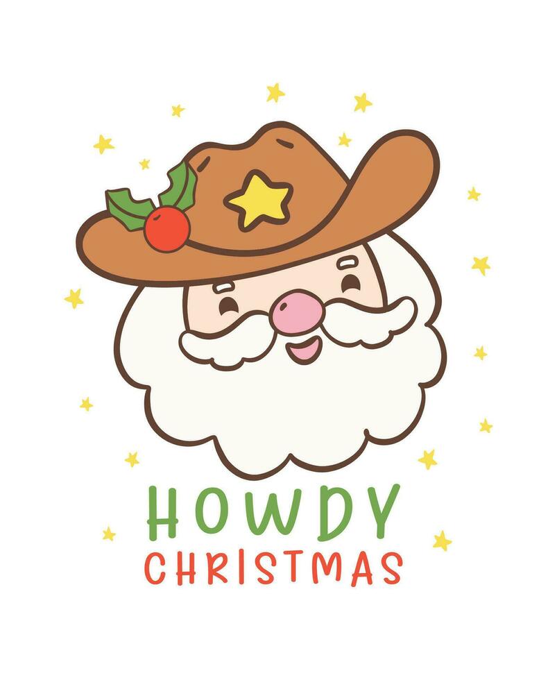 Cute Cowboy Christmas Santa Face Cartoon Character hand drawing vector