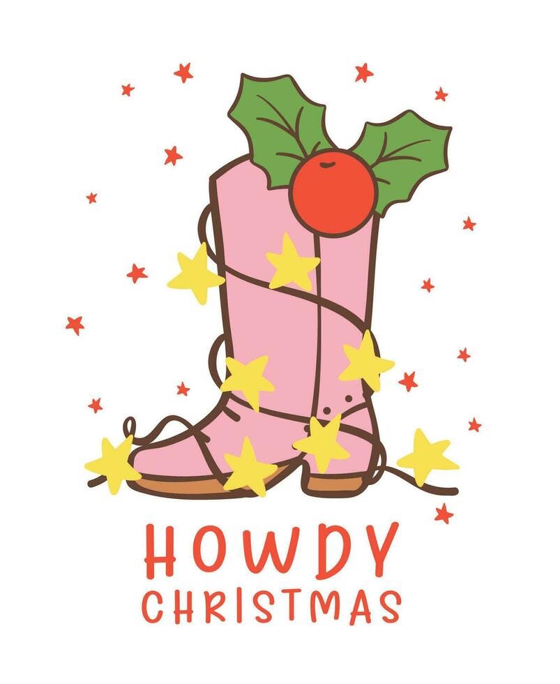 linda vaquero Navidad con occidental rosado bota dibujos animados personaje mano dibujo vector