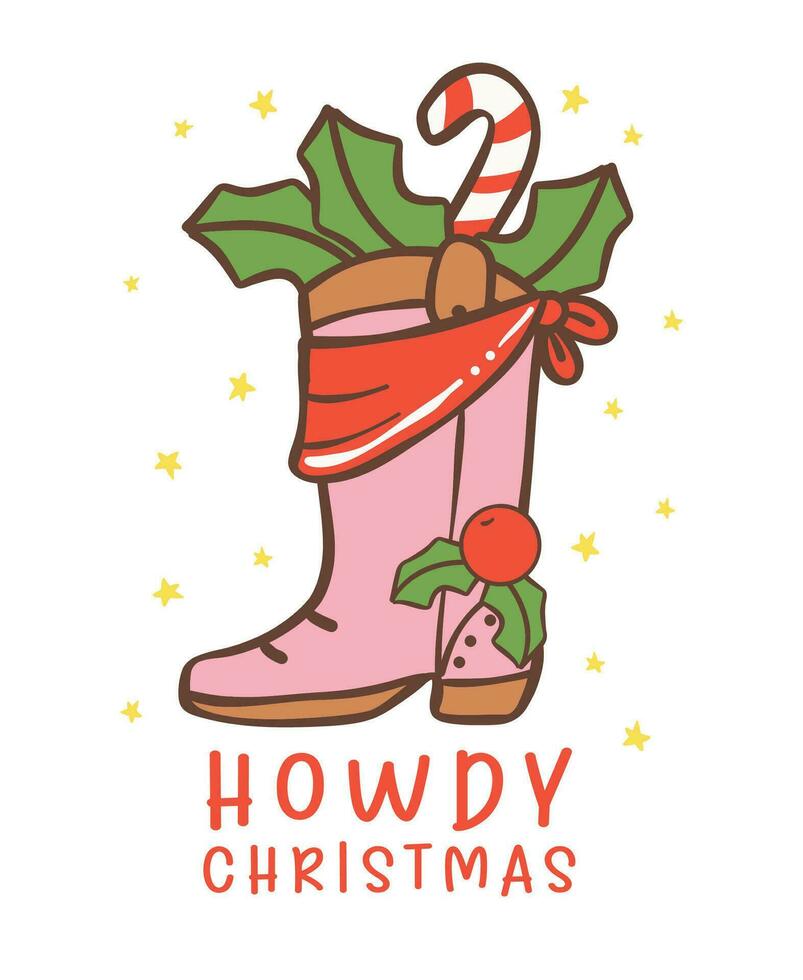 Cute Cowboy Christmas with Western pink Boot Cartoon Character hand drawing vector