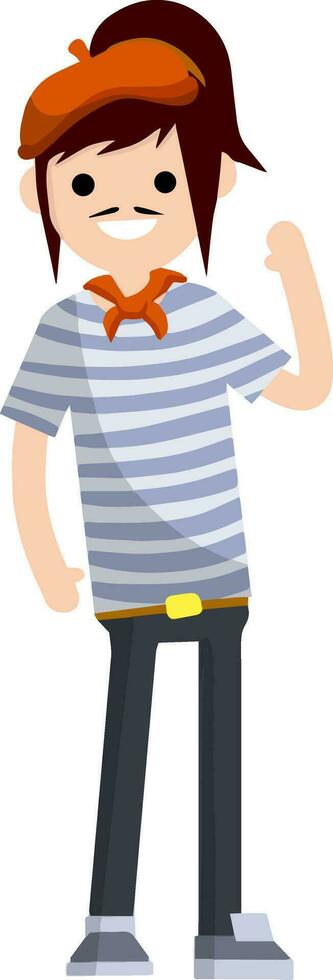 French woman in blue striped clothes and red beret waving his hand. Cartoon flat illustration. Typical resident of Europe. Cute young girl vector