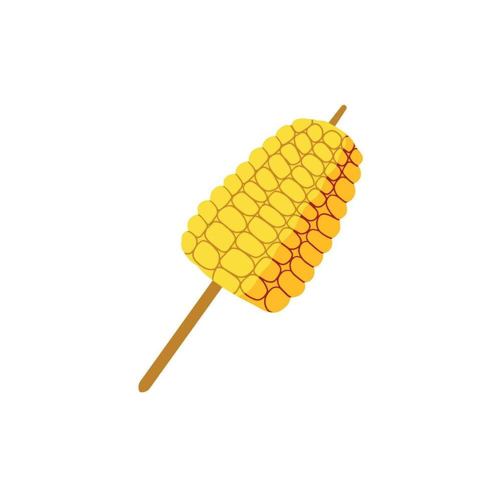 Grilled Corn On Stick. Fried fast food BBQ. Yellow vegetable corncob barbeque. Mexican maize on skewer. Hot organic snack steak. Kebab vegetarian dinner isolated on white vector