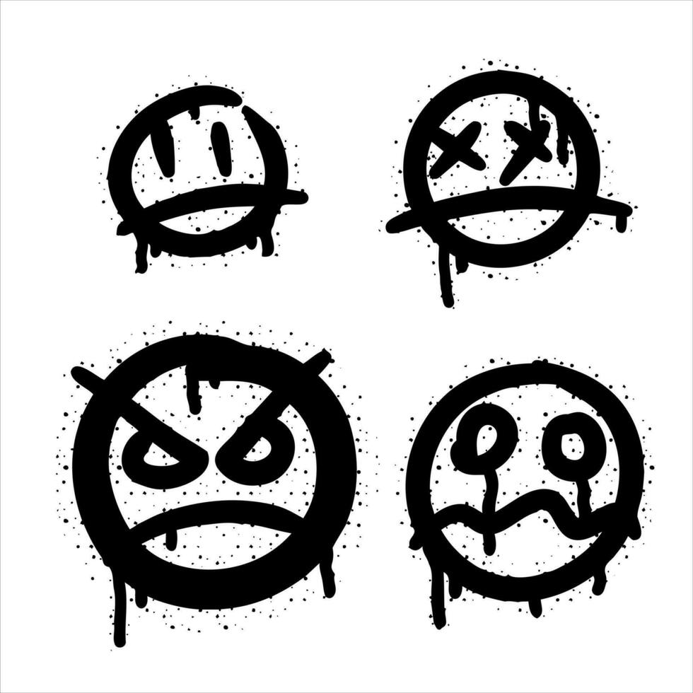 Graffiti grunge face. Cartoon aerosol fun expression. Spray funky paint art with leak and dot. Street art and urban vandalism symbol. Black grungy spill character isolated on white vector
