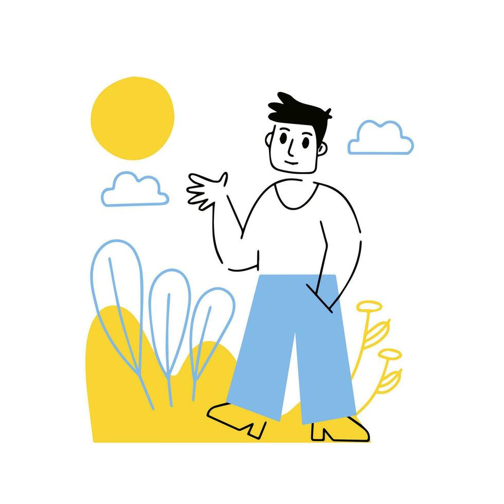 Man is standing. Gesture of greeting. Hand in pocket. Modern trendy character walk on abstract nature. Outline cartoon illustration. Hi and hello vector