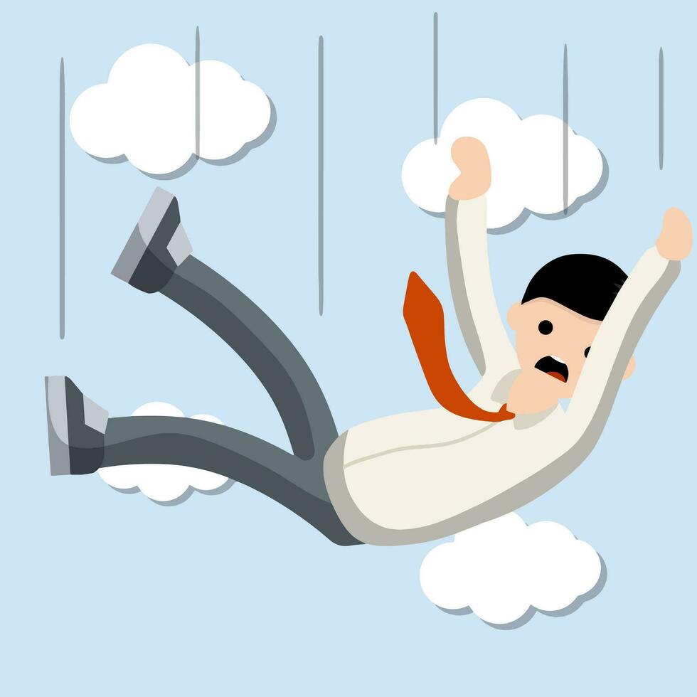 Falling down man in shirt and tie. Office problem. Employee dismissal. Money and crisis. Scared guy. Cartoon flat illustration. Work in Economics. Work in exchange. Collapse and bankruptcy. Blue sky vector