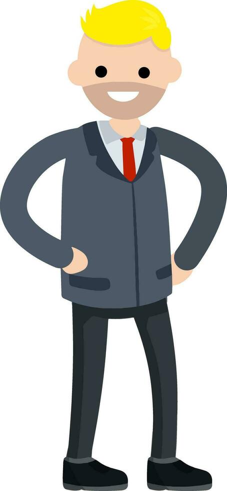 hombre de negocios en traje. el hombre hace gestos con la mano. empleado de oficina. feliz empleado de la empresa está en pose. tipo gracioso con corbata. ilustración plana de dibujos animados vector