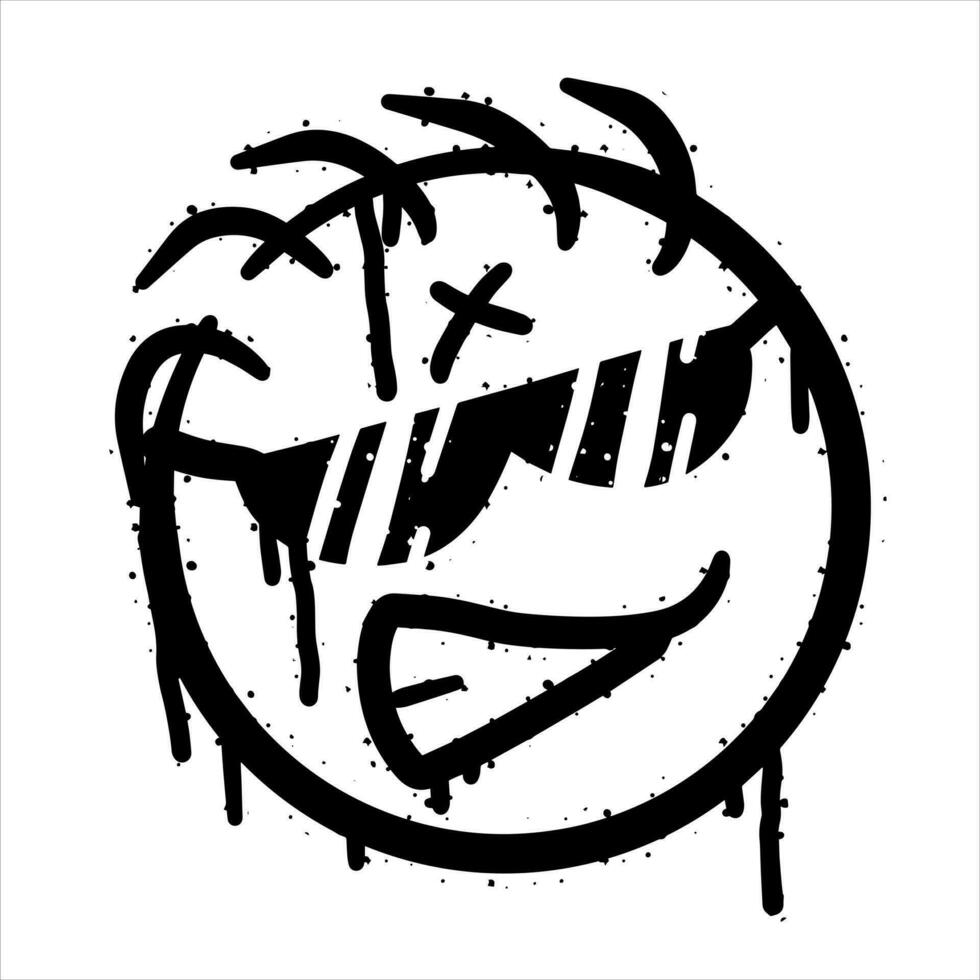 Graffiti grunge face. Cartoon aerosol fun expression. Spray funky paint art with leak and dot. Street art and urban vandalism symbol. Black grungy spill character isolated on white vector