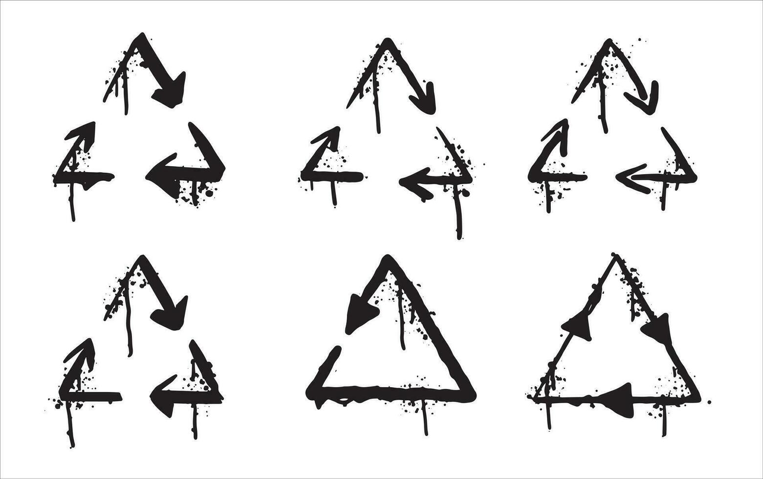 Recycle Logo. Natural reuse arrow, environment sign, trash and waste recycling. Eco Graffiti aerosol symbol. Natural Reusable spray brush illustration. Set of ecological ink doodle vector