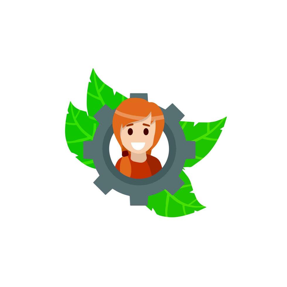 avatar de mujer en engranaje. mecanismo y verde hojas. el logo de frescura. concepto para social red. contento sonriente hembra personaje. plano dibujos animados vector