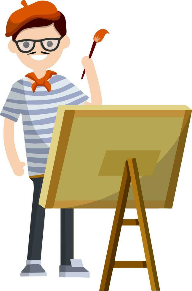 French artist in blue striped clothes with a red beret draws picture with paint brush on the easel. French man at work. typical European of France. Creative person. vector