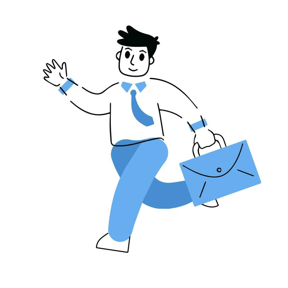 Businessman runs with suitcase. Outline Busy Man. Male business character with case in motion. Hand gesture of welcome. Being late and in hurry. Trendy cartoon vector