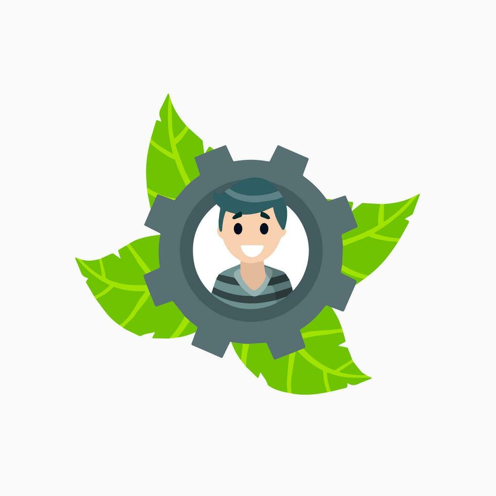 Avatar of man in gear. Mechanism and green leaves. Logo of freshness. Concept for social network. Happy smiling character. Flat cartoon vector