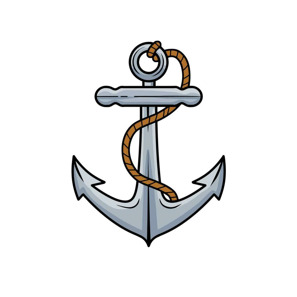 Anchor for sailing boat, element of ocean yacht. Marine navy badge. Concept of nautical sailor, ship and travel. Cartoon illustration isolated on white vector