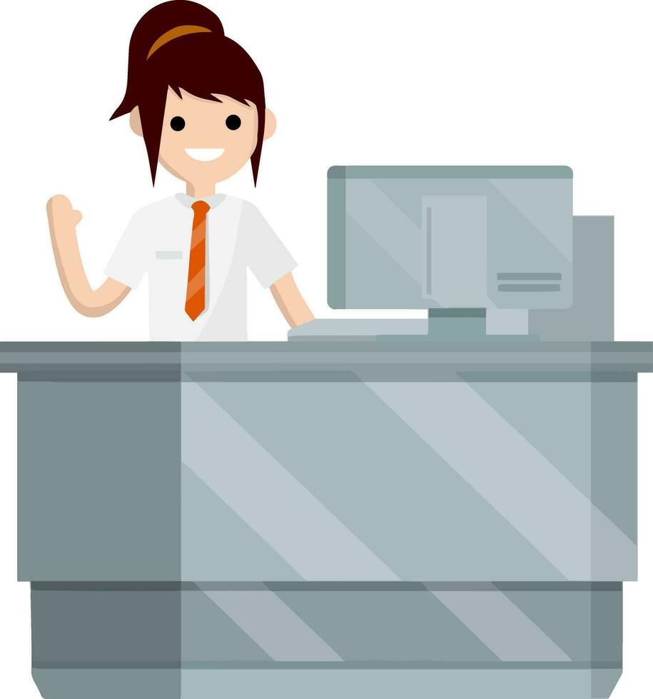 Smiling woman in a white shirt is behind the counter. Reception with an employee. Information Desk. Registration and girl. Service sector and computer vector