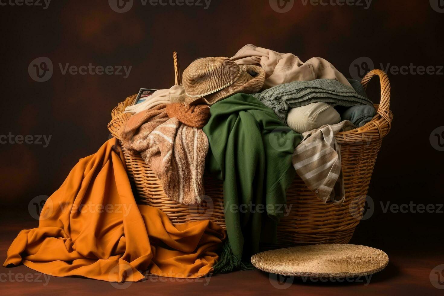 Pile of dirty clothes and Wicker basket with dirty laundry professional advertising photography AI Generative photo