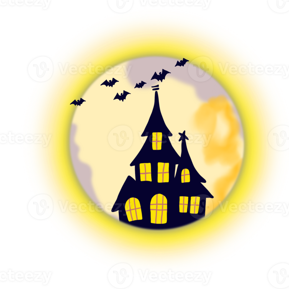 Yellow moon, haunted castle house on Halloween night png